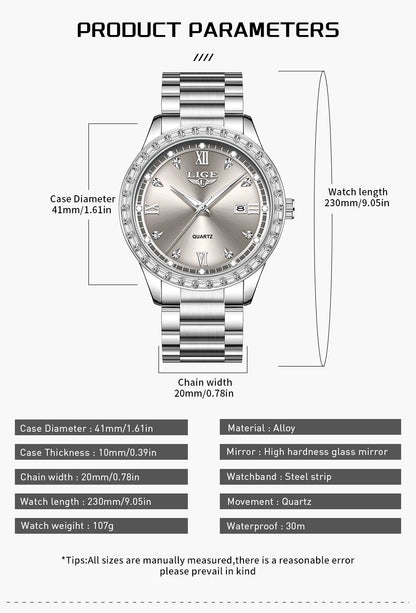 LIGE elegant women's watch Fashion waterproof clock luminous stainless steel business quartz watch for Women reloj de mujer+BOX
