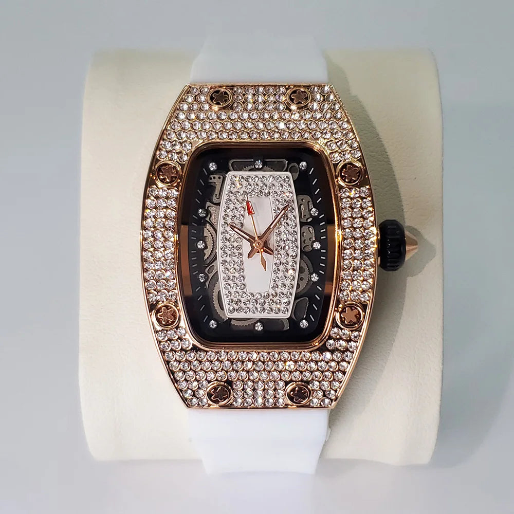 Luxury Diamond Watch For Women Elegant Tonneau Original Design Watches Fashion Ice Out Sport Rubber Strap Waterproof Mille Clock
