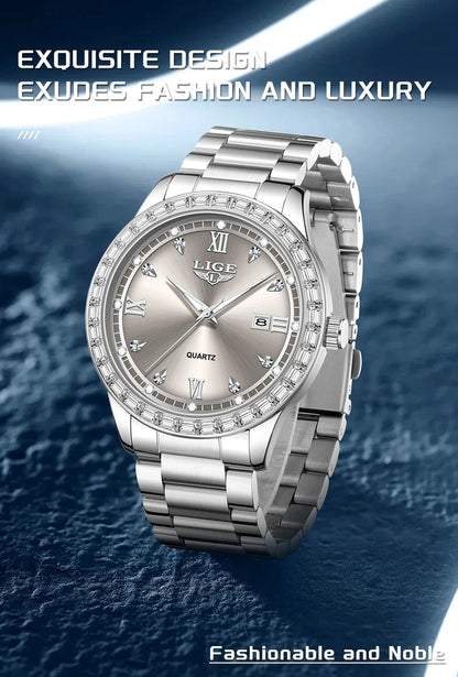 LIGE elegant women's watch Fashion waterproof clock luminous stainless steel business quartz watch for Women reloj de mujer+BOX