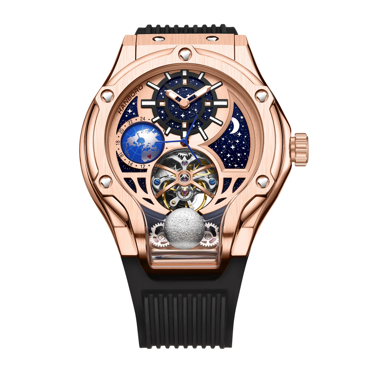 ase Autoy HANBORO Men’s Luxury Automatic Skeleton Watch  Rose Gold Starry Sky Moon Phase Mechanical WristwatchHollow Flywheel Moon Phxury Space Theme Sports Watch 980