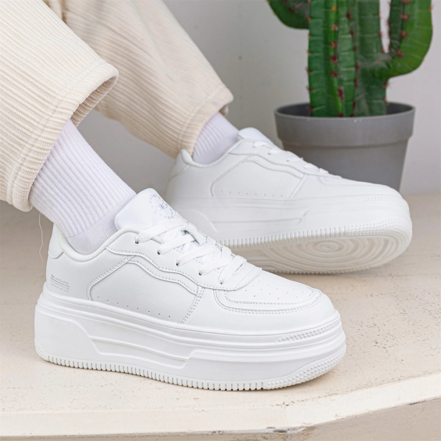 Baasploa Women’s Platform Sneakers Fashion Leather Casual Thick-Soled Shoes for Women Comfort White Skateboarding Shoes Non-Slip