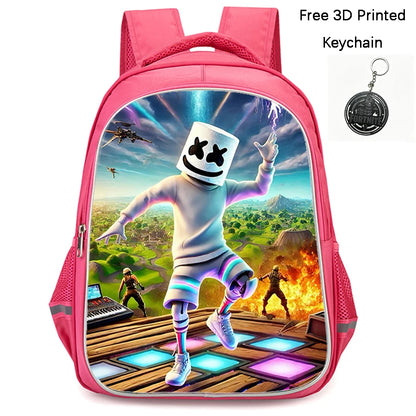 FORTNITE 16-inch Durable Lightweight Backpack, Dual Zipper Pockets, Cartoon Style for Boys & Girls 6-10,Free 3D Printed Keychain