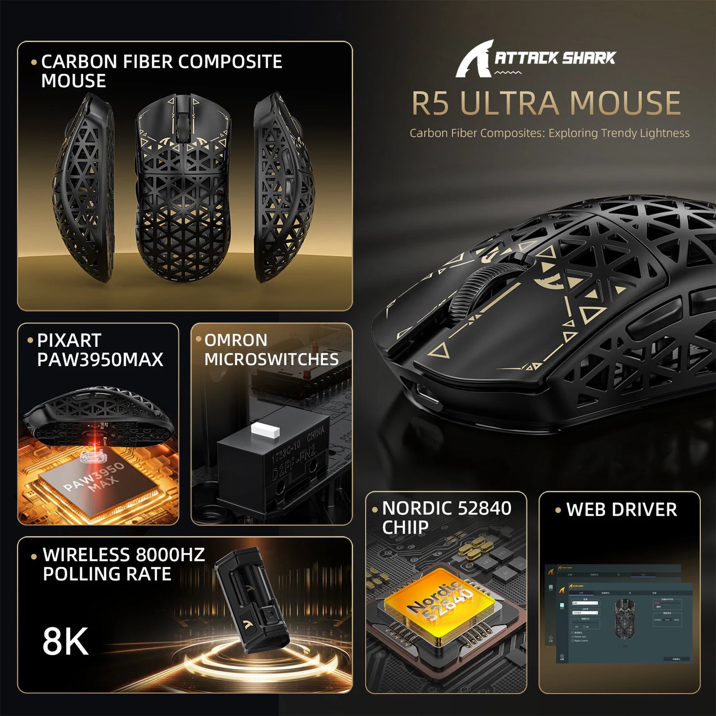 Mouse de gaming wireless ATTACK SHARK R5 Ultra Carbon Fiber, senzor de gaming PixArt PAW3950MAX, 42000DPI, 8000Hz, MCU Nordic 52840