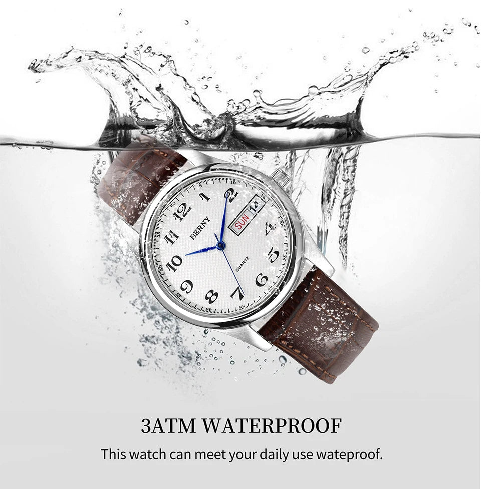 BERNY Men's Watch Quartz Day Top Calendar Wristwatch Waterproof Blued Steel Hands Arabic Numerals Easy Read Relogio Masculino
