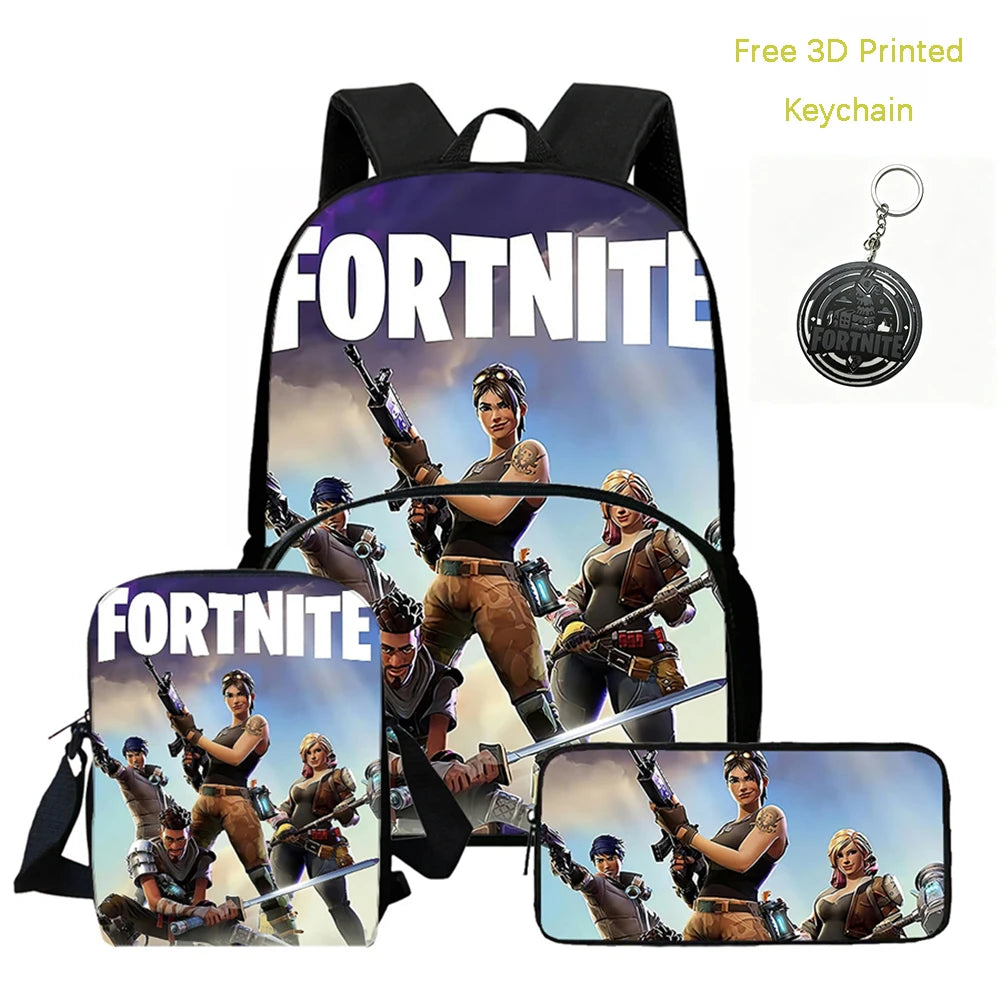 FORTNITE 3-Piece Lightweight Backpack Set with Front Pocket, Crossbody Bag & Pencil Case for Ages 5-9 Boys and Girls, Includes Free 3D Printed Keychain