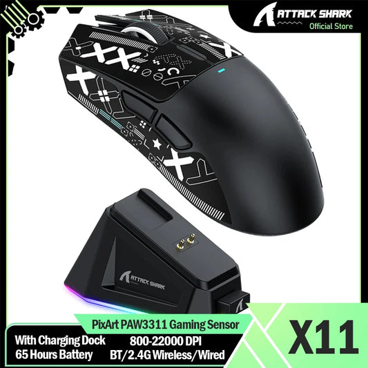 ATTACK SHARK X11 Wireless Gaming Mouse with Charging Dock, PixArt PAW3311 Sensor, Tri-Mode Bluetooth, 2.4G & Wired RGB Gaming Mouse