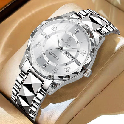 Męski zegarek POEDAGAR Fashion Luxury, wodoodporny, podświetlany, z mechanizmem kwarcowym, bransoletą ze stali nierdzewnej, datownikiem i wskaźnikiem dnia tygodnia, w stylu casualowym.