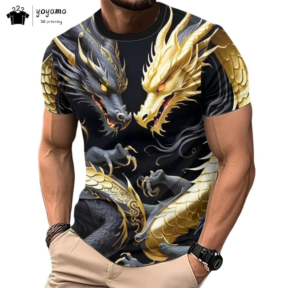 T-shirts de homem com padrão de dragão, manga curta, gola redonda, estilo streetwear, estampado animal 3D, corte largo e versátil, roupa de homem