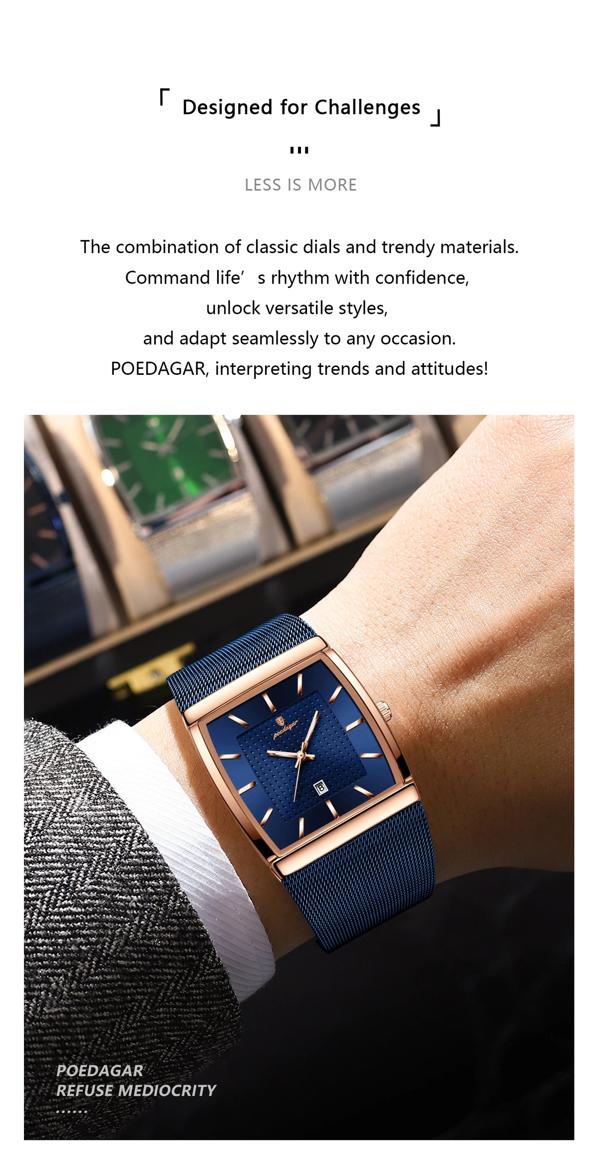 POEDAGAR Men’s Luxury Rectangle Quartz Watch Stainless Steel Mesh Strap, Luminous Dial & Date