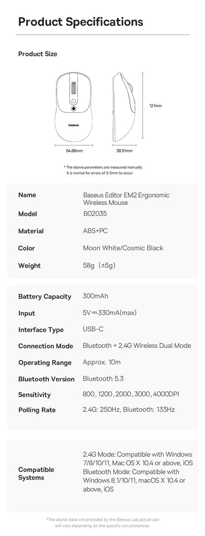 【NAUJIENA】Baseus EM2 ergonominė belaidė pelė, Bluetooth 5.3, 2.4G, Type-C įkrovimas, itin lengva tyli pelė su pritaikomu mygtuku