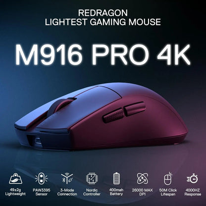 Redragon M916 PRO 3-läges trådlös gamingmus, Hype-Speed 4K polling rate, 49G ultralätt 26K DPI gamermus