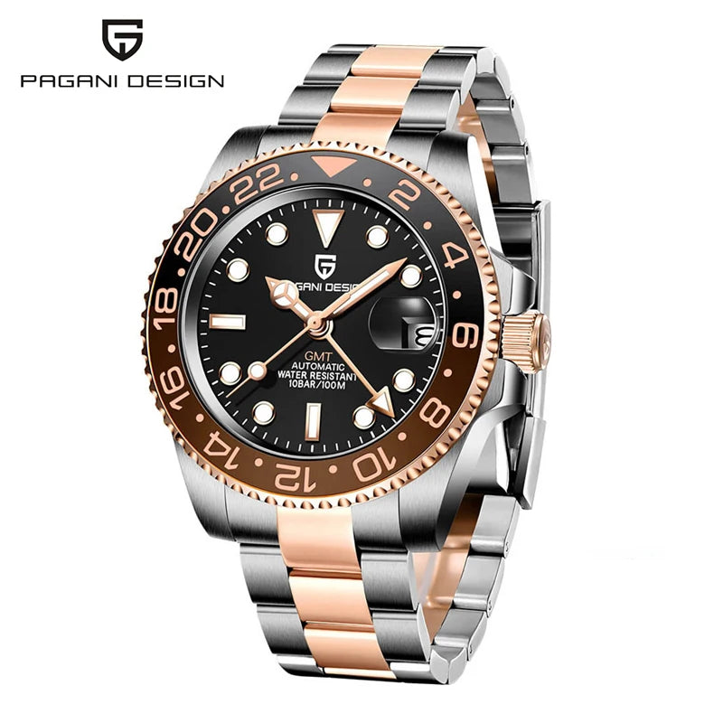 PAGANI DESIGN 40MM GMT Reloj para hombre de lujo con cristal de zafiro AR, reloj mecánico con bisel cerámico, automático, resistente al agua 100M, reloj de regalo
