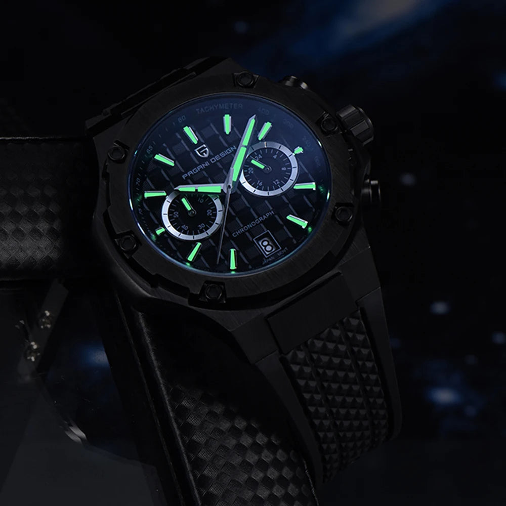 Quartzhorloges voor heren van PAGANI DESIGN – Luxe sportchronograaf, waterdicht, voorzien van lichtgevende wijzers en een saffierglas met antireflectiecoating