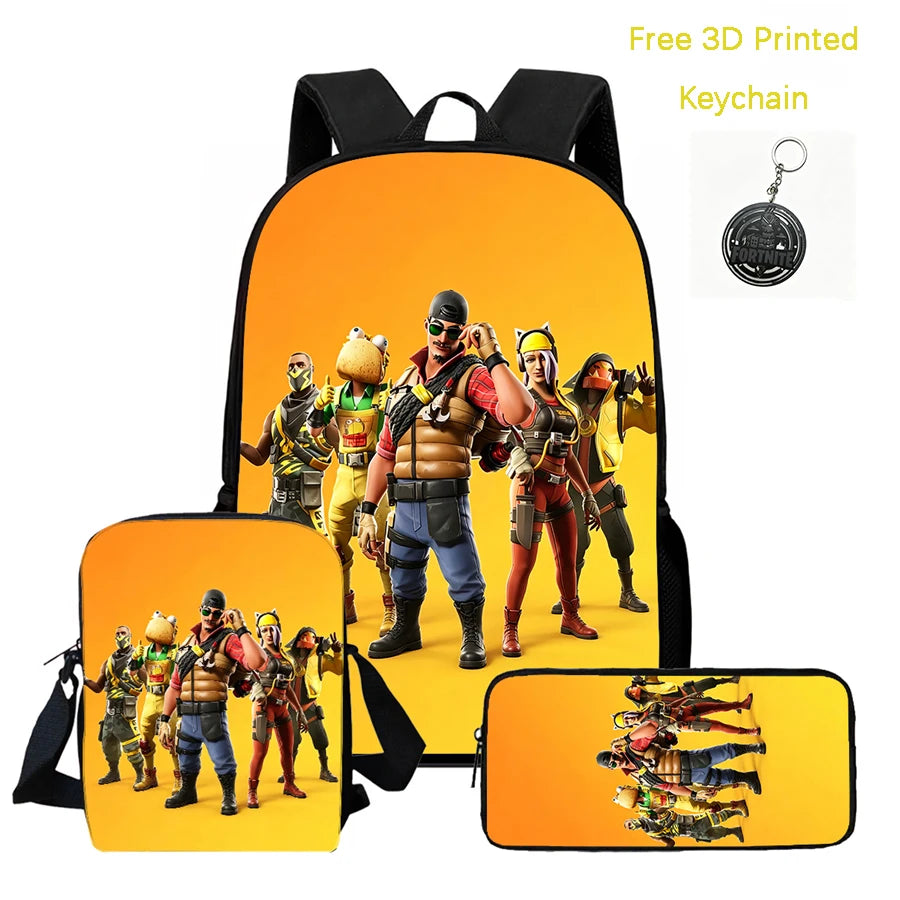 Conjunto de mochila infantil 3 peças, mala a tiracolo e estojo, mala FORTNITE com desenhos, leve para meninos e meninas dos 5 aos 10 anos, porta-chaves 3D impresso grátis
