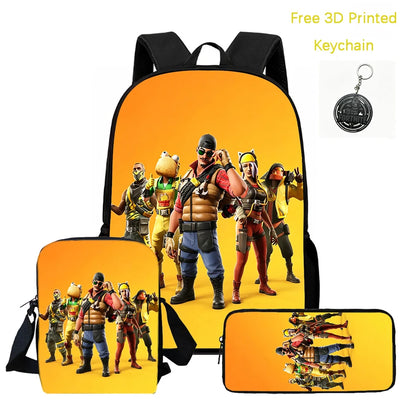 Conjunto de mochila infantil 3 peças, mala a tiracolo e estojo, mala FORTNITE com desenhos, leve para meninos e meninas dos 5 aos 10 anos, porta-chaves 3D impresso grátis