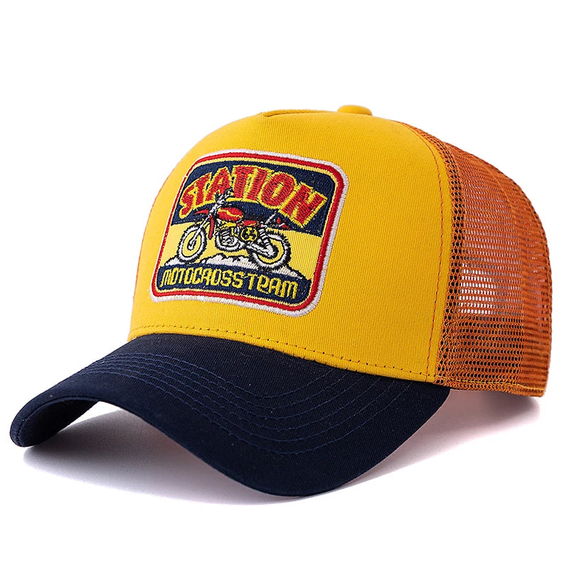 Unisex hálós trucker sapka, klasszikus motoros mintával, lélegző nyári baseball sapka, utcai divat sapka férfiaknak és nőknek