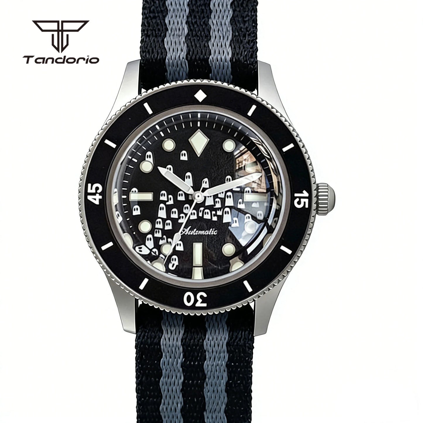 Tandorio Domed Sapphire 40mm Mechanical 50-Fathoms Style Diver Fashion Automatic Men Watch Miyota8215/PT5000 Luminous Ghost Dial