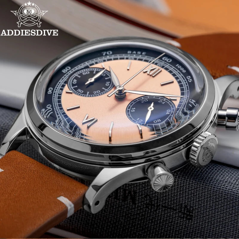 ADDIESDIVE Reloj Hombre  Multifunctional Chronograph Watch VK64 Leather Watch 10Bar Waterproof Mens Quartz Watches часы