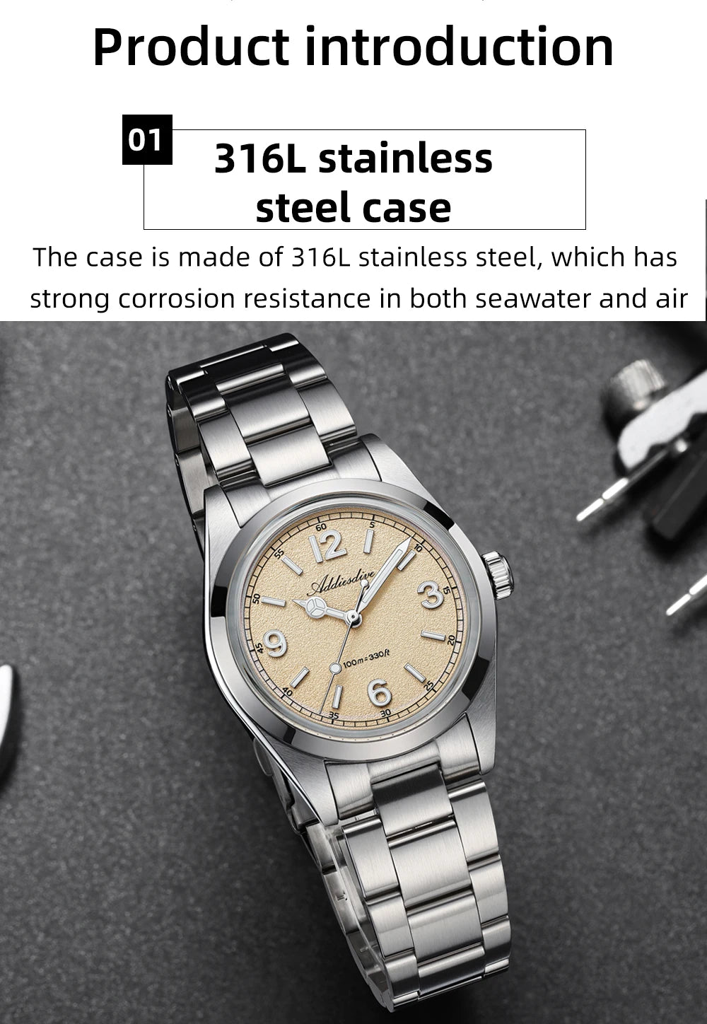 ADDIESDIVE 36mm Bestseller-Herrenuhr AD2518 mit gewölbtem Spiegelglas, 316L-Edelstahl, Herrenuhr, 100m wasserdichte Quarzuhr