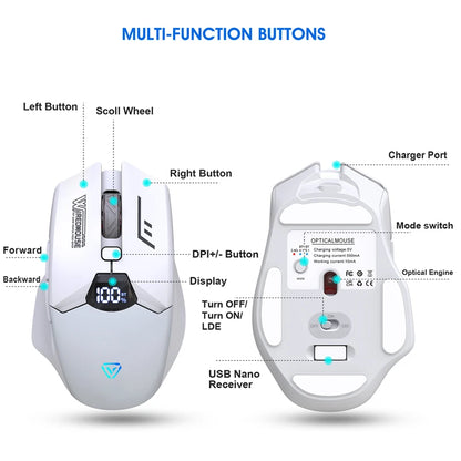 Dvourežimová bezdrátová Bluetooth myš se smart displejem, tichým nabíjením, pro kancelář, gaming, tablet, přenosná univerzální myš