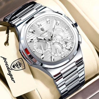 POEDAGAR Men’s Luxury Stainless Steel Quartz Watch  Waterproof Chronograph with Luminous Dial & Date