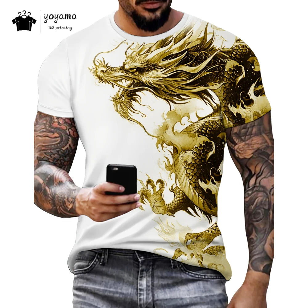 T-shirts de homem com padrão de dragão, manga curta, gola redonda, estilo streetwear, estampado animal 3D, corte largo e versátil, roupa de homem