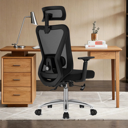 Durrafy Ergonomic Office Chair with Headrest & Armrests, Adjustable Swivel Desk Chair, 90°-130° Reclining Executive Mesh Chair for Home Office