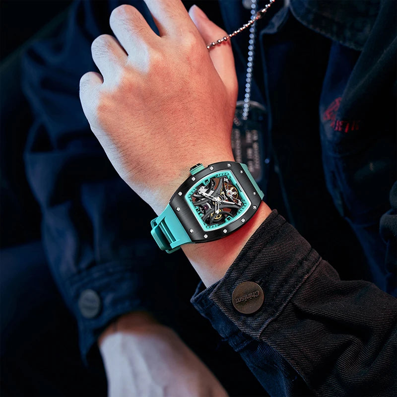 New Style Automatic Watch Tonneau Dial Silicone Strap Waterproof Sport Mechanical Wristwatch Stainless Steel 2026