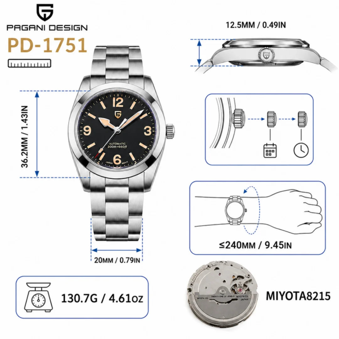 PAGANI DESIGN 2026 New 36MM Men Automatic Mechanical Watches   Sapphire Stainless Steel AR Coating 20Bar Clock Watch