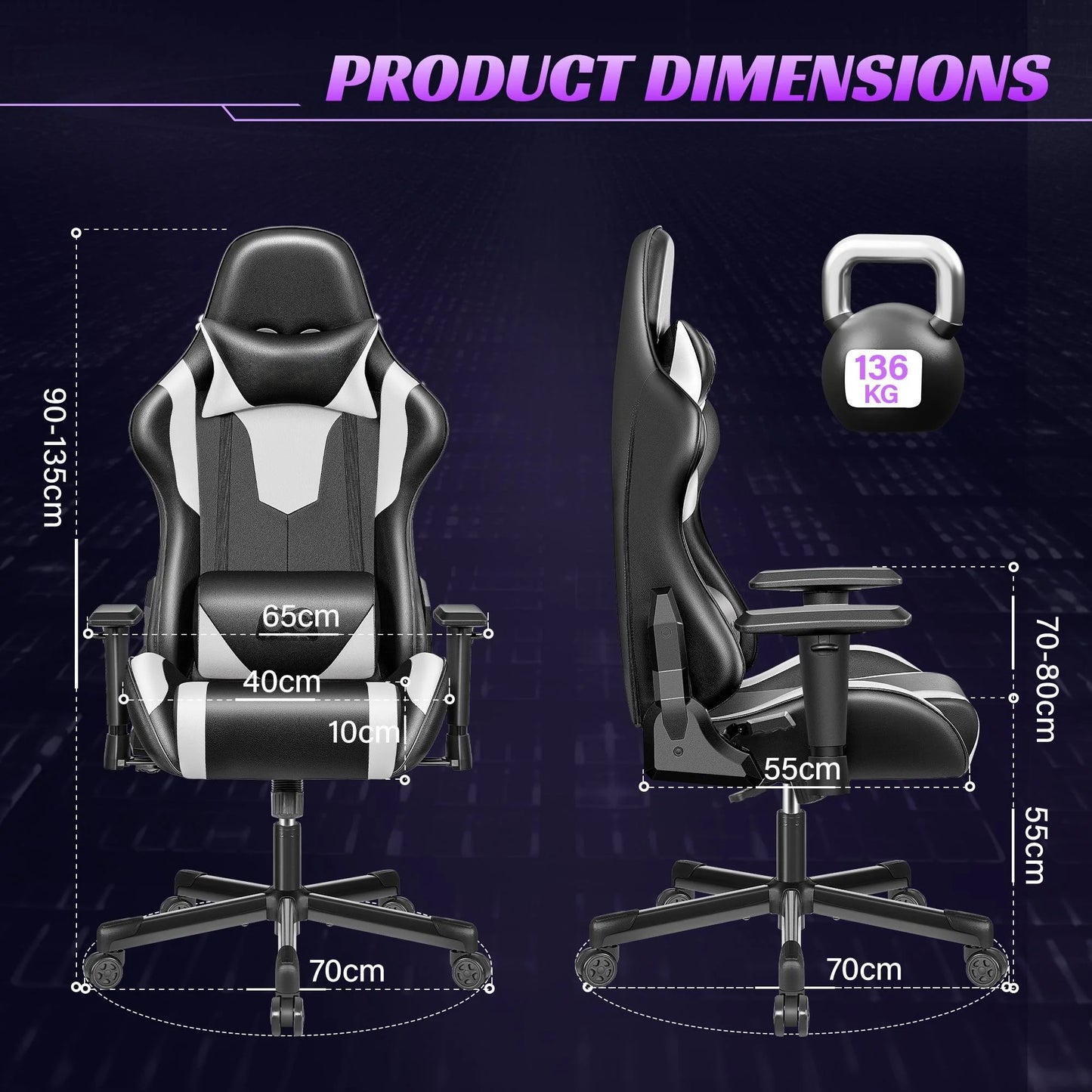 Gaming Chair, Ergonomic Game Chair, Multi-Level Adjustable, Swivel Home Office Chair, Black & White