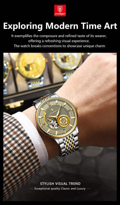 POEDAGAR Top Luxury Man Wristwatch Luminous Hollow Tourbillon Stainless Steel Men Clock Mechanical Automatic Men's Watches Reloj