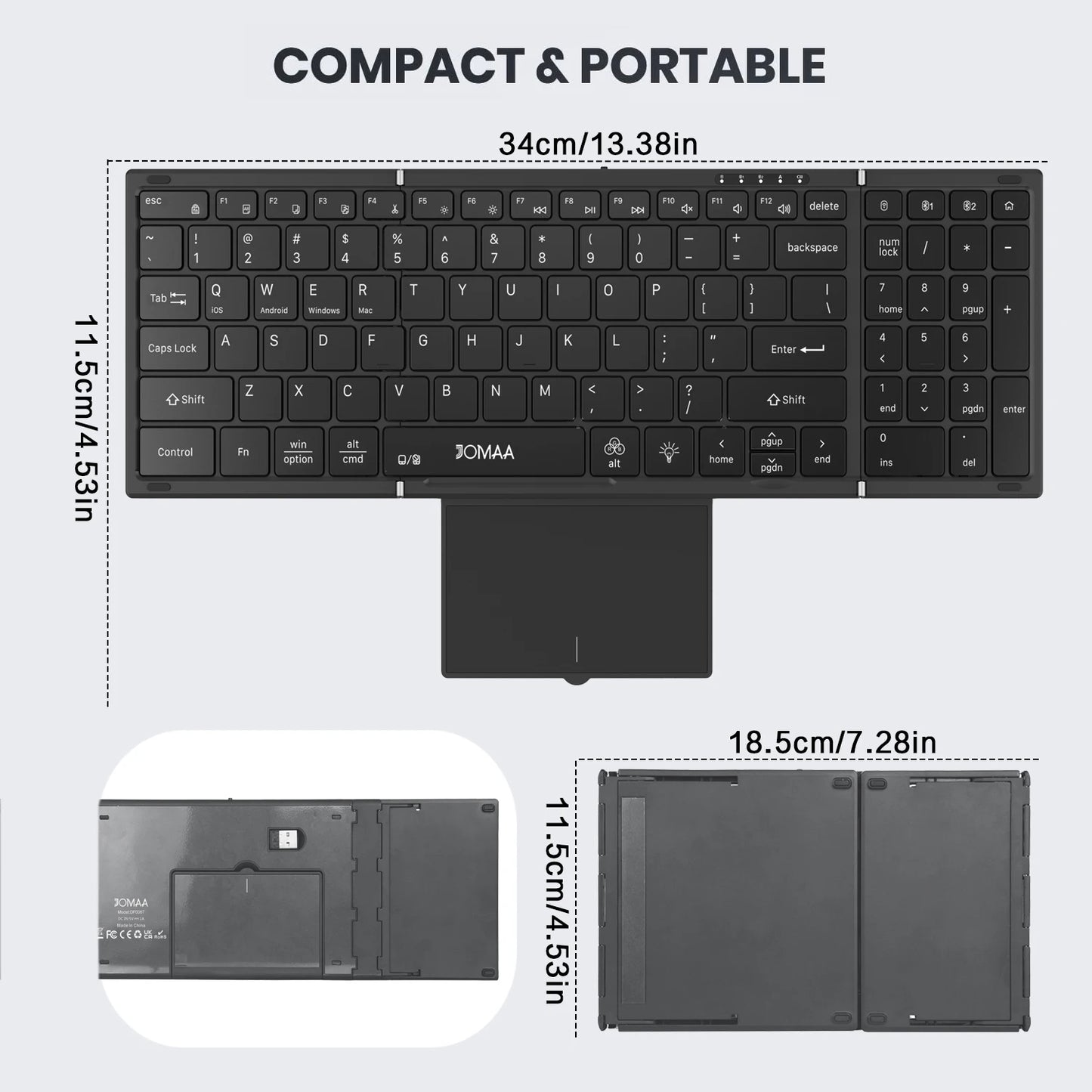 Portable Bluetooth Dual Mode Wireless Touchpad Keyboard with RGB Backlit,98Keys Foldable Office Keyboard for PC/Laptop/Mac-Black