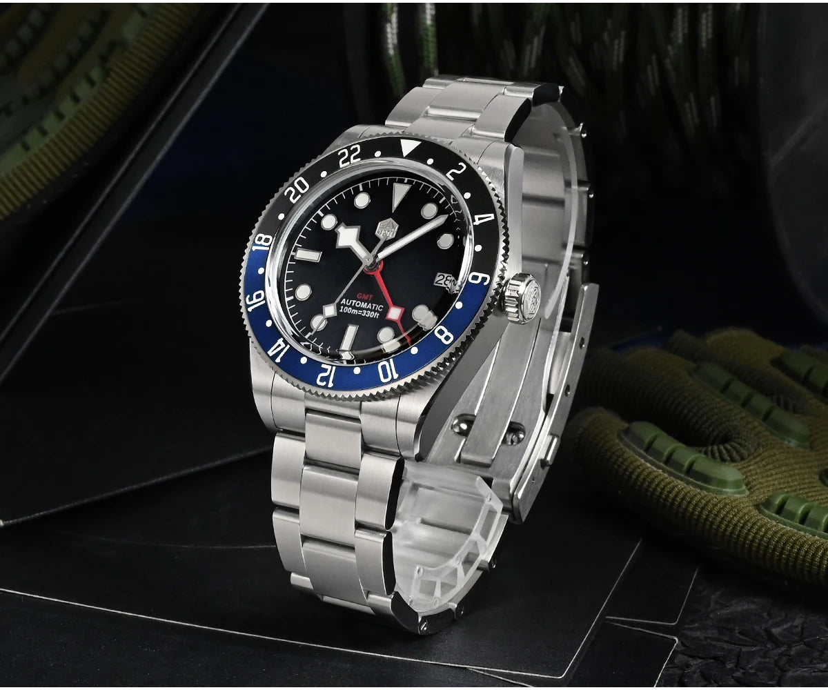 San Martin 39mm NH34 GMT Men Luxury Watch Bidirectional Aluminum Bezel Automatic Mechanical Sapphire 100M Waterproof  SN0109