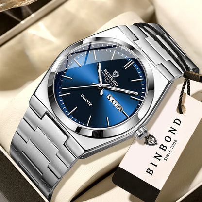 Relógio de pulso de luxo BINBOND com movimento de quartzo, luminoso, estanque, com indicação do dia da semana e data automática, bracelete em aço, estilo empresarial, desportivo, moderno e casual.