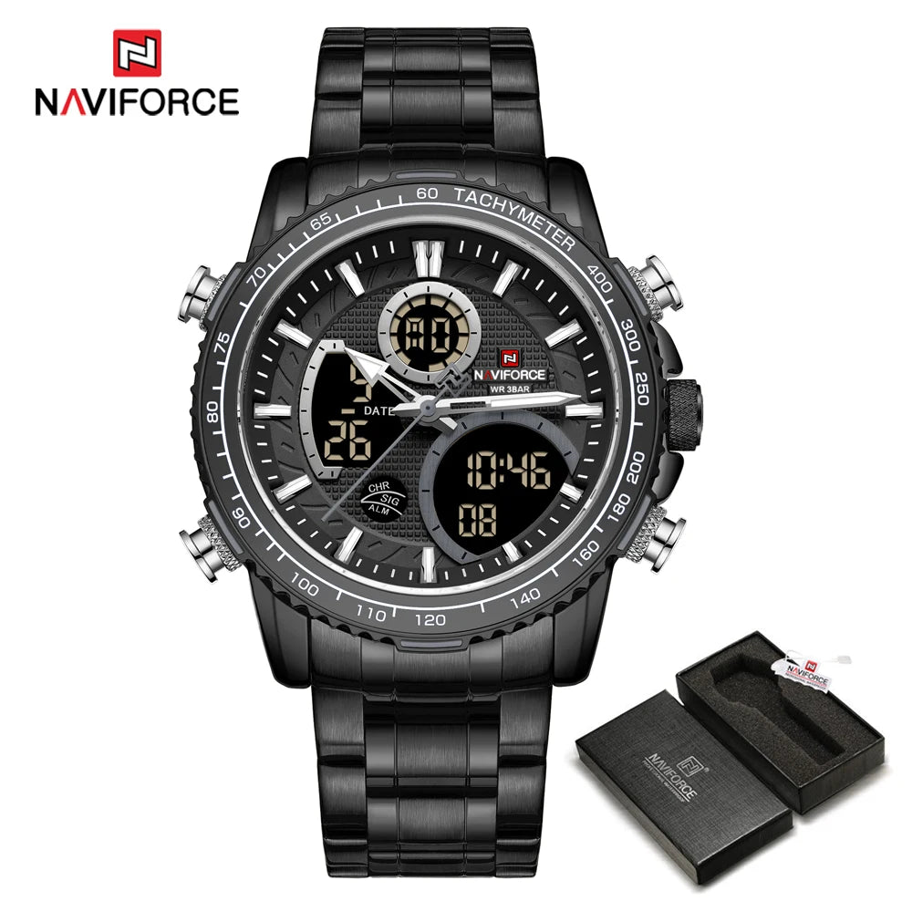 Мъжки спортен часовник NAVIFORCE – Оригинален луксозен ръчен часовник от неръждаема стомана, водоустойчив модел във военен стил с двойно показване