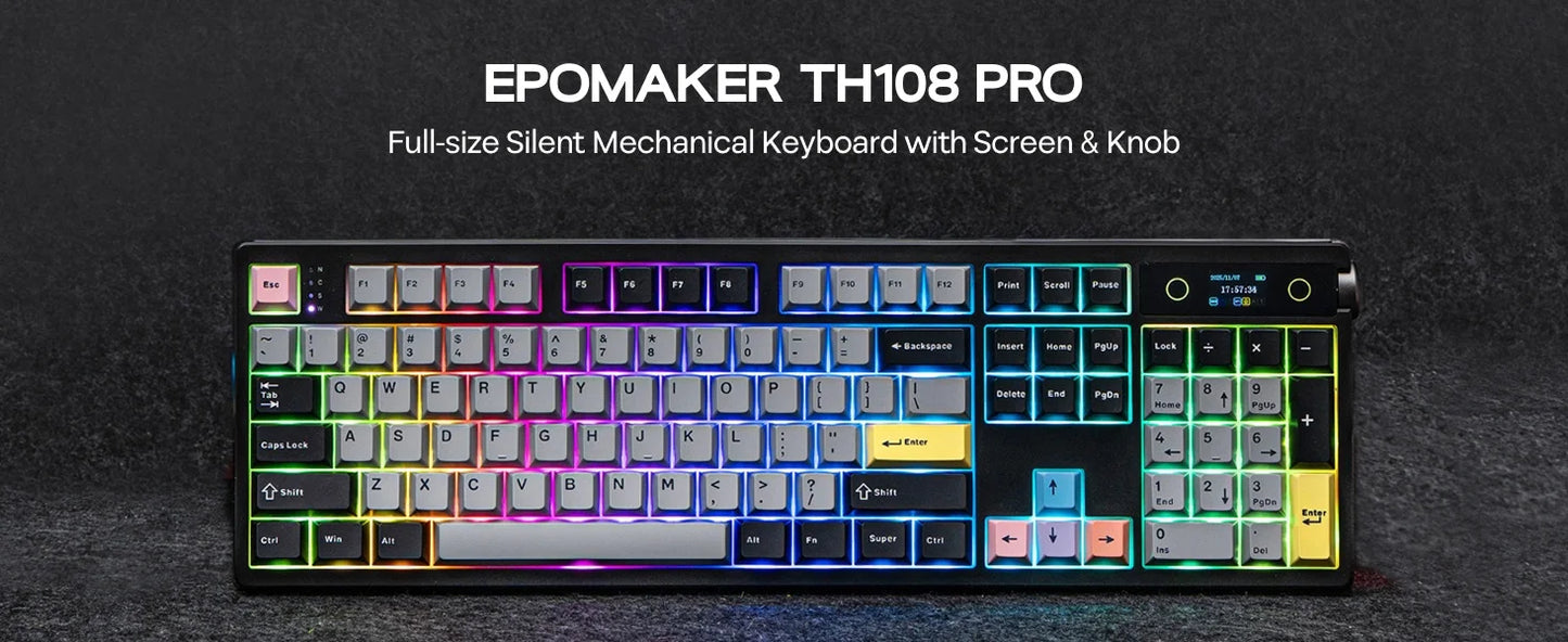 EPOMAKER TH108 PRO 100% Full-Sized Hot-Swap kabelgebundene/BT/2.4Ghz kabellose mechanische Tastatur mit Display & Drehknopf, 10000mAh Akku