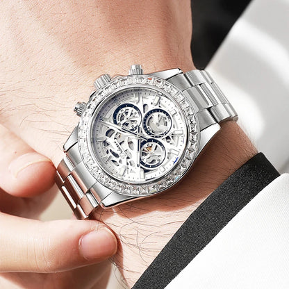 Diamond Bezel Stainless Steel Automatic Watch Fashion Mulitfunction Waterproof Luminous Mechanical Watches for Men