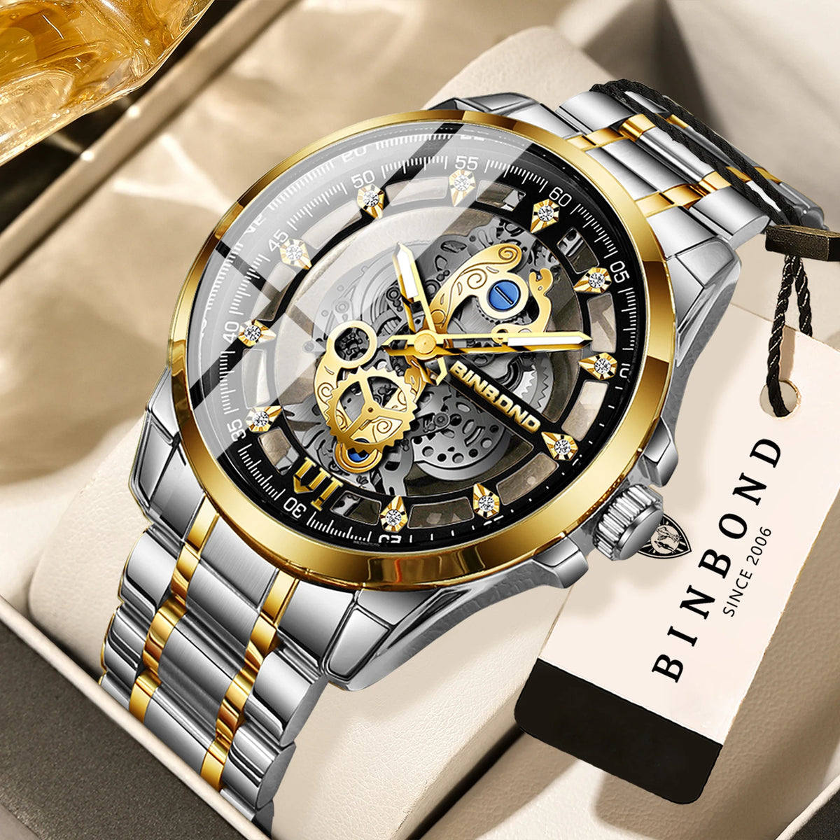 Vintage openwork BINBOND quartz wristwatch for men, luminous, water-resistant, accurate and durable, casual style.