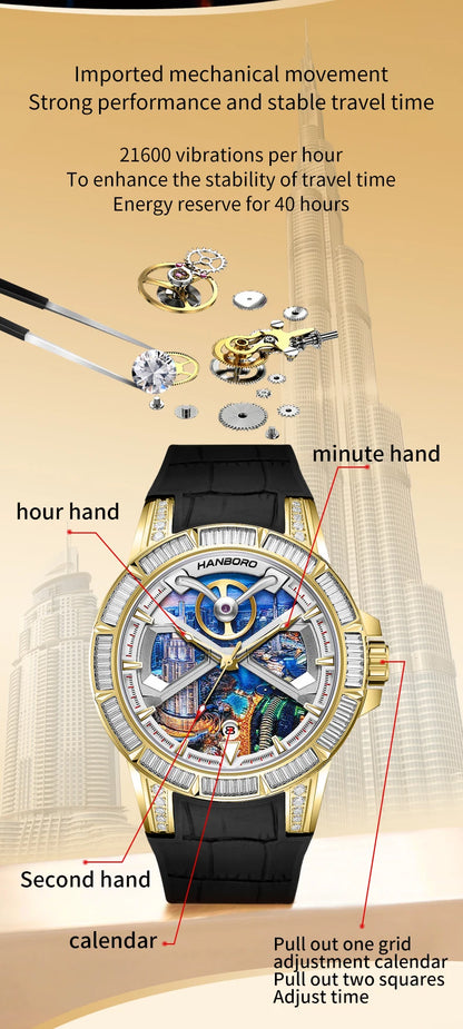 HANBORO Dubai Collection Dubai Characteristic Personalized Dial Frosted Crafted Diamonds Luxury Men's Automatic Mechanical Watch