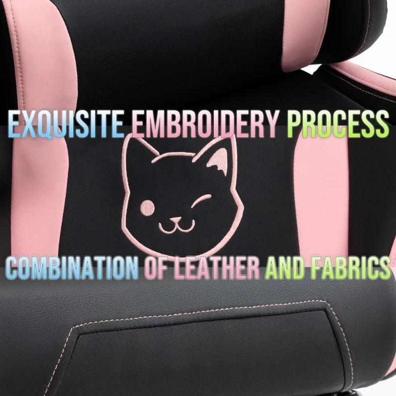 Silla gaming cute con orejas de gato, reposapiés rosa kawaii, silla de ordenador ergonómica de respaldo alto para gamers con soporte lumbar de pata de gato
