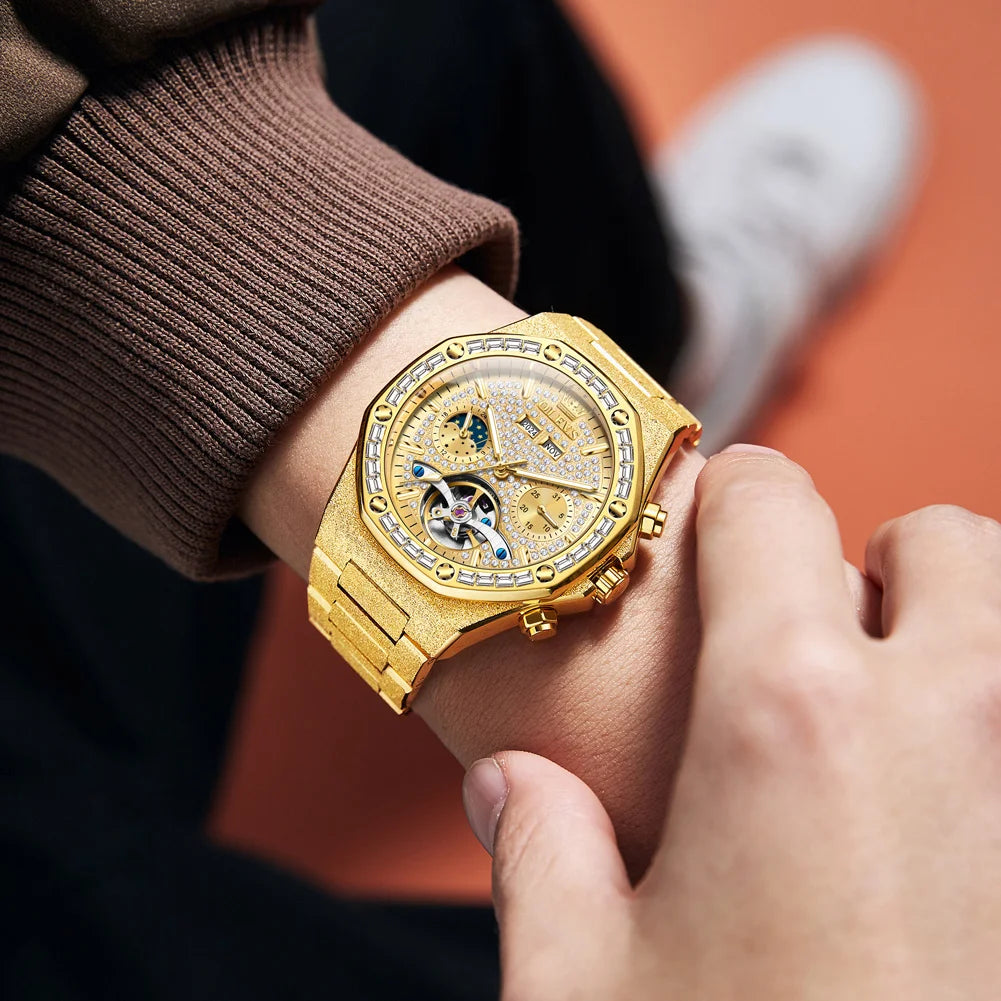 Ceasuri pentru bărbați OLEVS din oțel auriu, ceasuri de lux mecanice automate, ceasuri de mână sport, rezistente la apă, cu tourbillon, Reloj Hombre