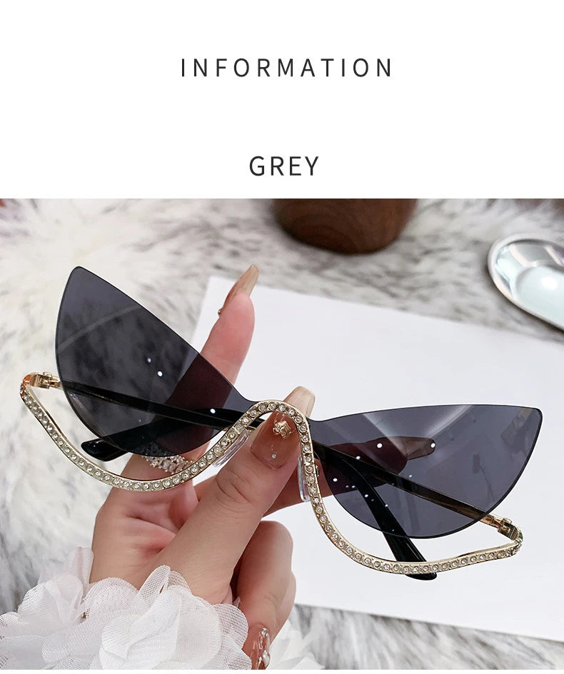 Sexy Cat Eye Rimless Sunglasses Women 2026 Luxury Brand Trendy Rhinestone Sun Glasses Punk Metal Frame Eyewear Outdoor Shades