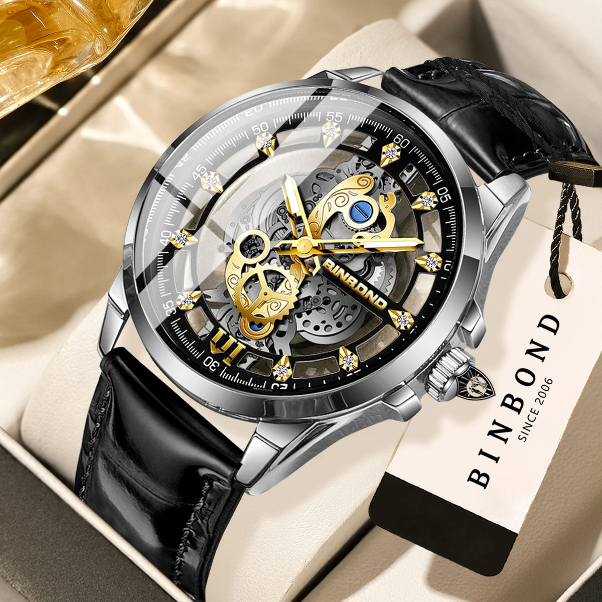 Vintage openwork BINBOND quartz wristwatch for men, luminous, water-resistant, accurate and durable, casual style.