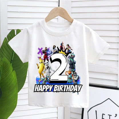 Fortnite Kindergeburtstag Zahlen-T-Shirt für Mädchen und Jungen, Sommerkleidung, Baby-Baumwoll-T-Shirt, Party-Kurzarm-Oberteil, Geschenk für Kleinkinder