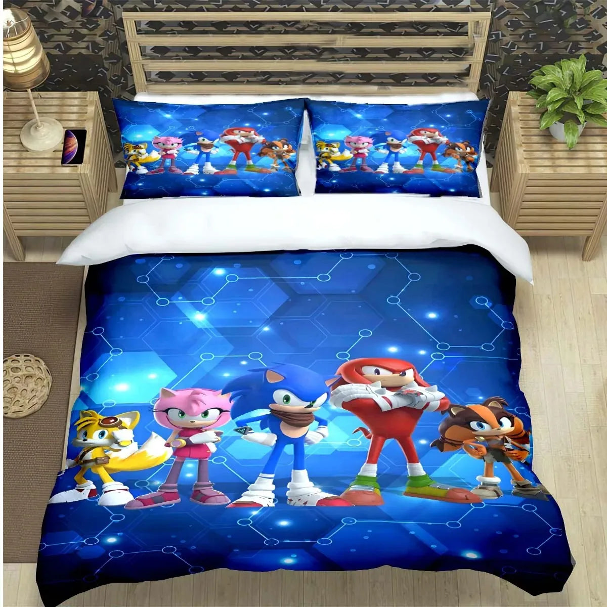 Mados animacinių filmų personažų motyvais dekoruotas patalynės komplektas „Sonic“ antklodės užvalkalas, antklodė, lovos užklotas, skirtas paaugliams, vaikams, mergaitėms ir berniukams – prabangus gimtadienio dovana