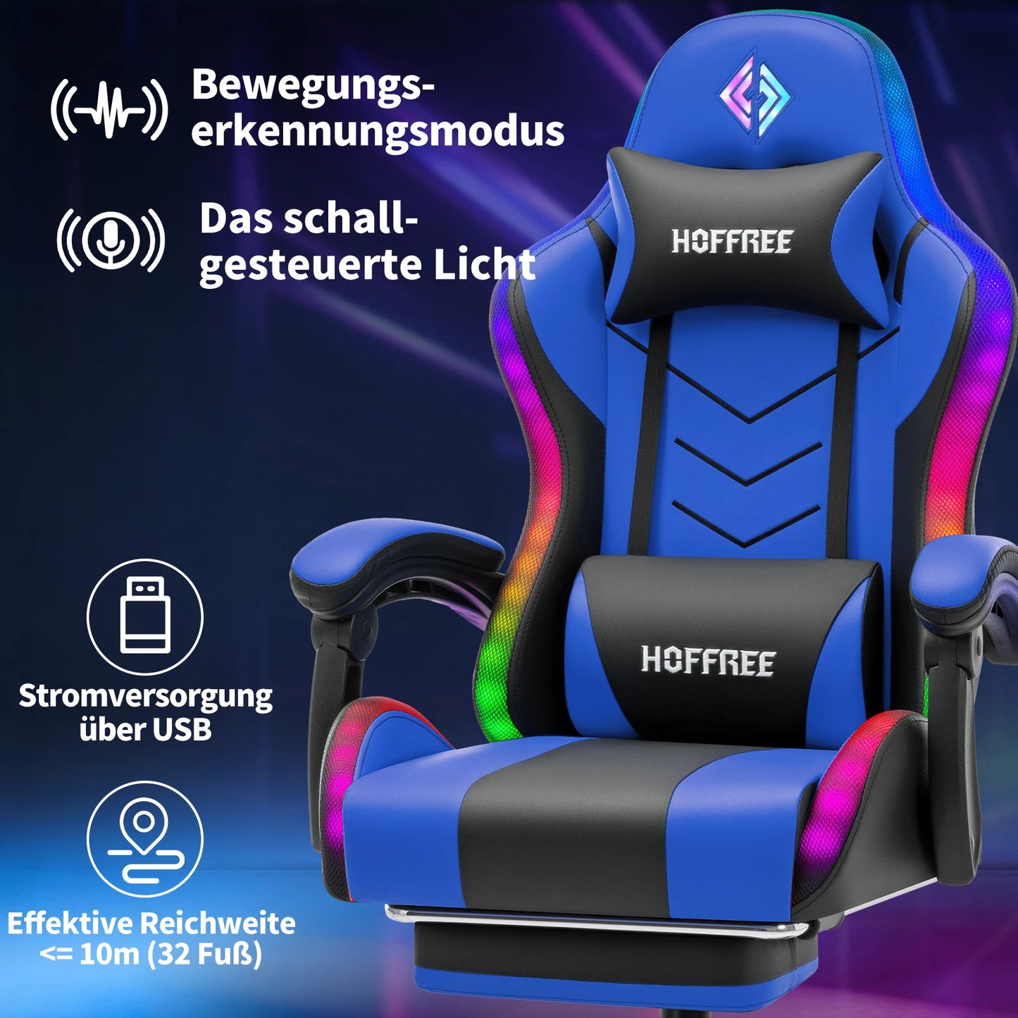 300lbs RGB LED Gaming Chair with Wireless Speakers, Ergonomic Massage Gaming Chair with Footrest, Reclining Computer Gaming Chair for Adults