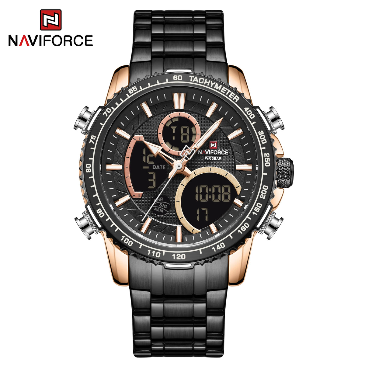 Мъжки спортен часовник NAVIFORCE – Оригинален луксозен ръчен часовник от неръждаема стомана, водоустойчив модел във военен стил с двойно показване