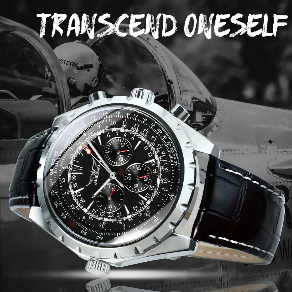 JARAGAR Men’s Luxury Automatic Mechanical Watch  Military Sport Design, Multifunction Dial & Leather Strap