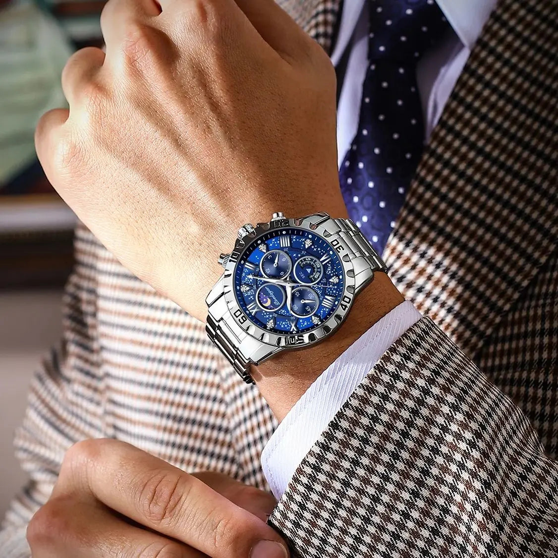 Reloj para hombre POEDAGAR: cronógrafo de lujo, resistente al agua y luminiscente, de acero inoxidable, de estilo deportivo y militar, con movimiento de cuarzo