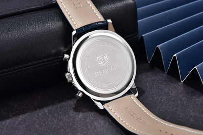 Prabangus vyriškas laikrodis „Benyar“ – chronografas su datumu, odinis dirželis, atsparus vandeniui, šviečiantis tamsoje, sportinio ir karinio stiliaus, kvarcinis laikrodis
